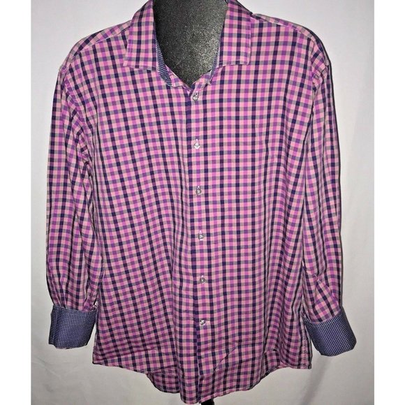 Tallia Button Up Shirt Flip Cuffs Mens  XL 17 1/2 Purple Blue Plaid Long Sleeve - Picture 1 of 6